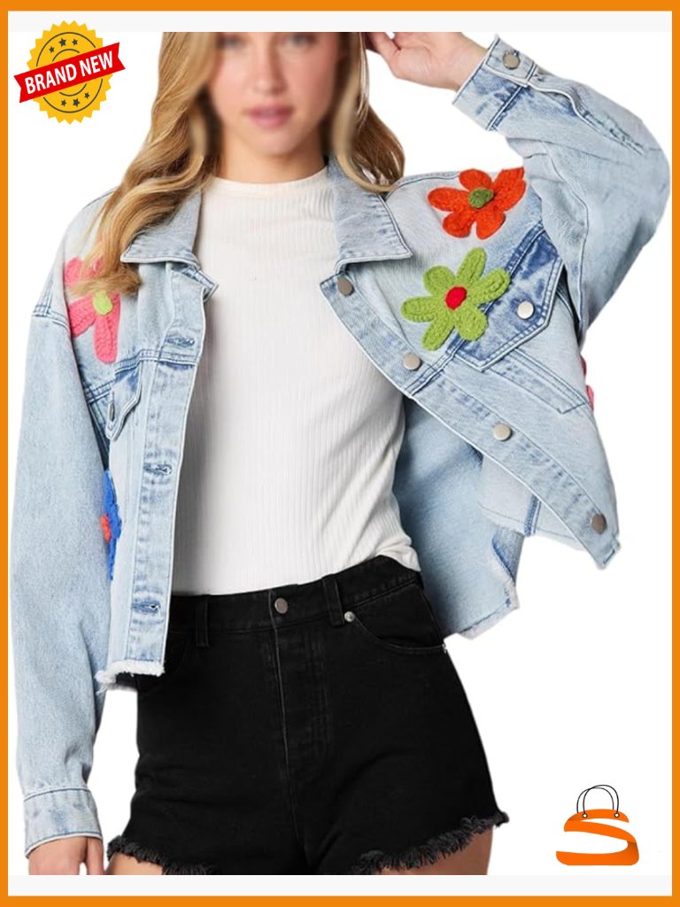 Y2k 3d Flower Patchwork Crop Raw Hem Denim Jacket